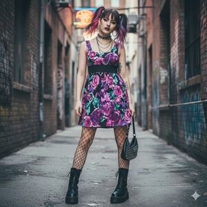 Y2K Necessary Objects Floral Fit Flare Dress Sleeveless Size‎ M Pop Punk Grunge